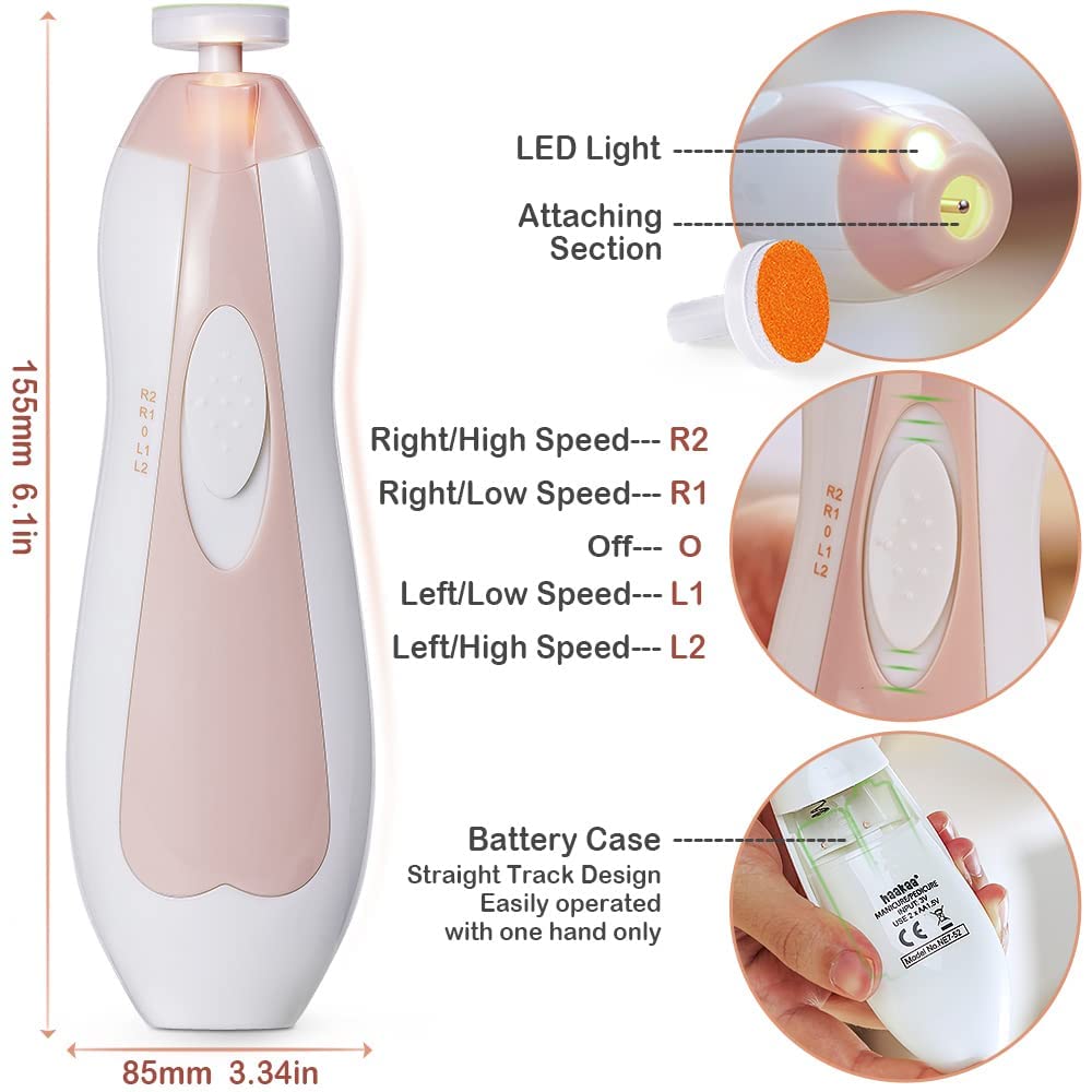 haakaa Baby Nail Trimmer Electric Safe Baby Nail Clippers Baby Nail File Kit Manicure Set, Trim Polish Grooming kit for Newborn Toddler or Adults Toes Fingernails, 6 Grinding Heads and LED Light, Pink - Image 8